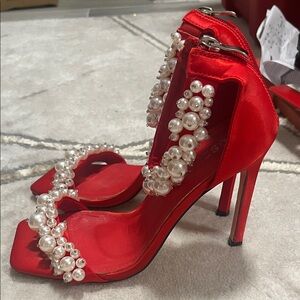 Elegant Red Pearl-Embellished Heels